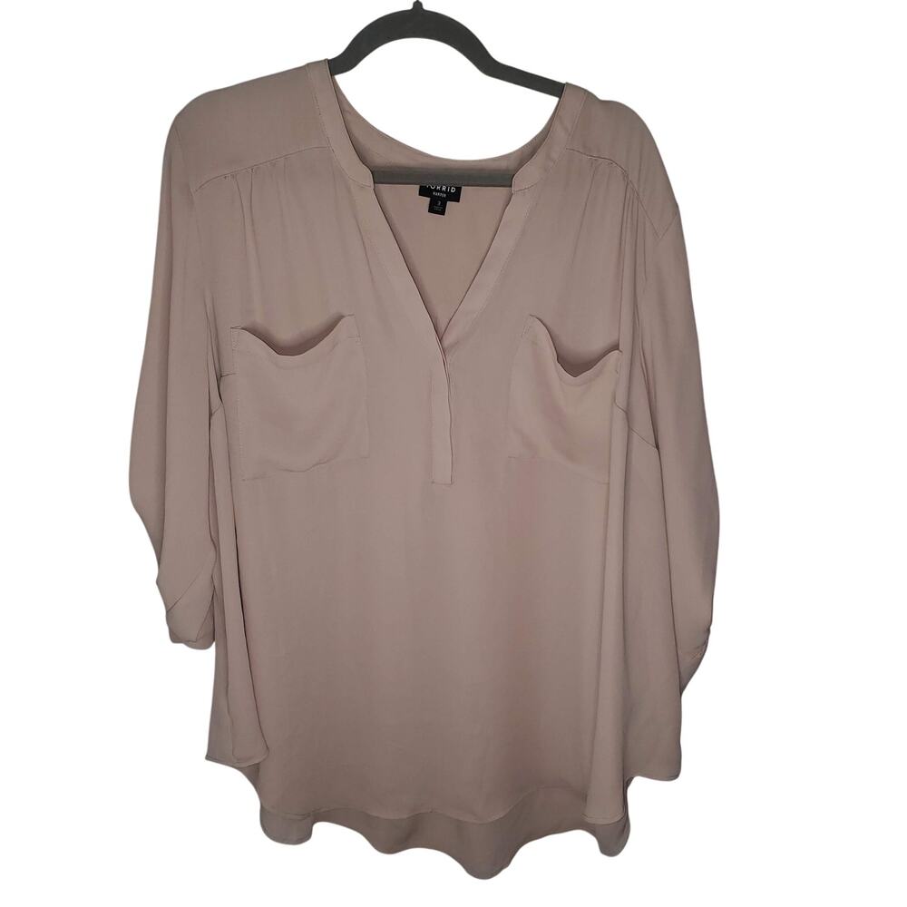 Torrid Harper Tan Beige 3/4 Roll Tab Sleeve Sheer Top Women Plus 3X Pockets